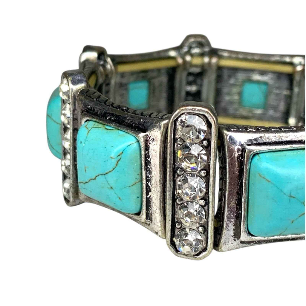 Vintage Metal & Turquoise Square Link Stretch Bracelet with Rhinestones 1970s