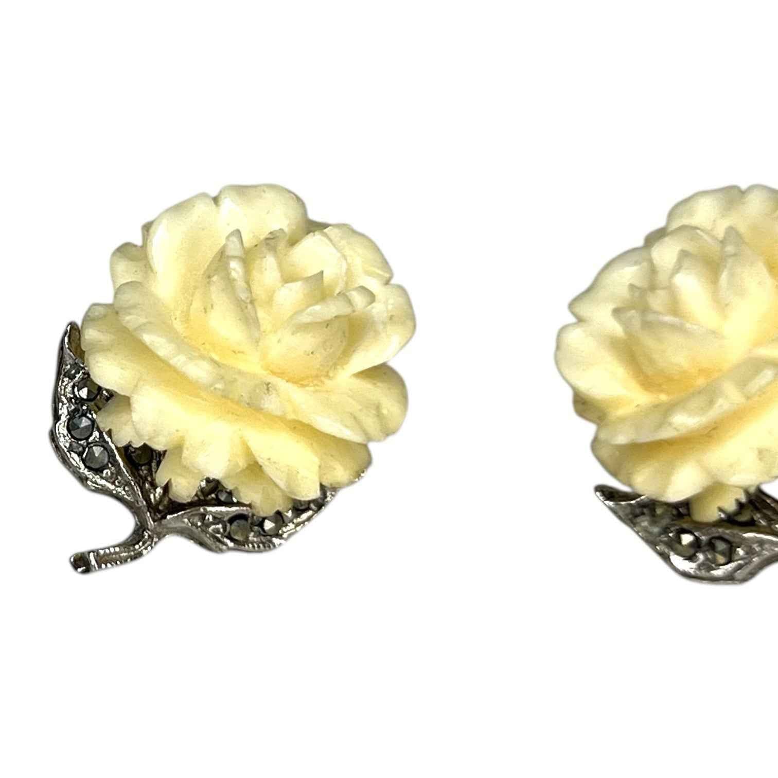 Pair of Vintage Sterling Silver & Marcasite Carved Off White Flower Earrings