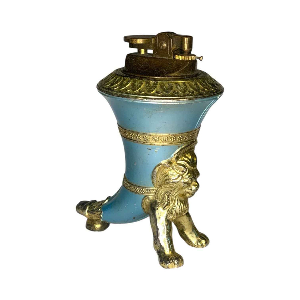 Rare Vintage Japanese Brass Lion Table Lighter Turquoise & Gold Mid Century