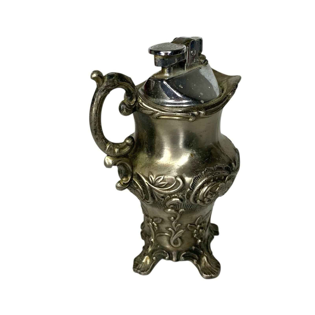 Vintage Japan Pewter Style Table Lighter Vase Pitcher Vine Detail 1960s 70