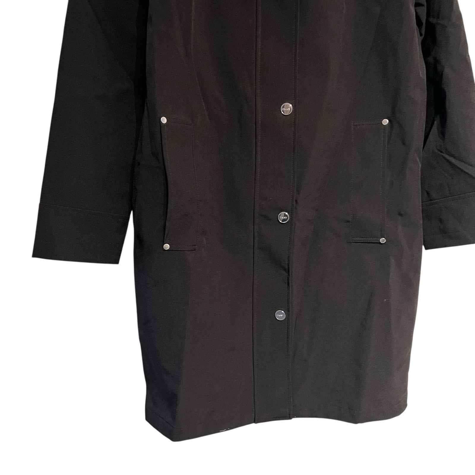 DKNY Women's Parka Coat, Black Hooded, Size S with Back Side Zip Slits BNWT