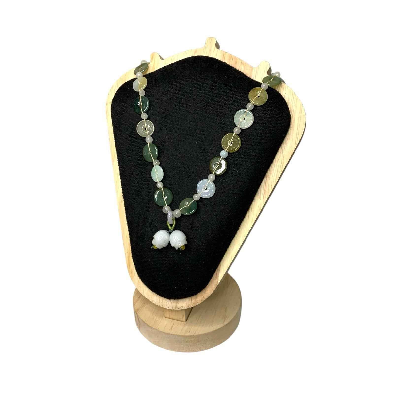 Vintage Handmade Light Green Glass Bead Necklace Round & Floral Beads Jade Style