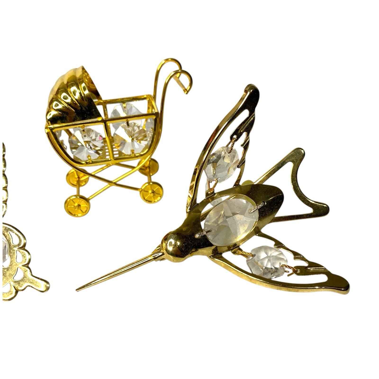Bundle 3x Swarovski Crystal Gold Plated Ornaments Butterfly Hummingbird Pram