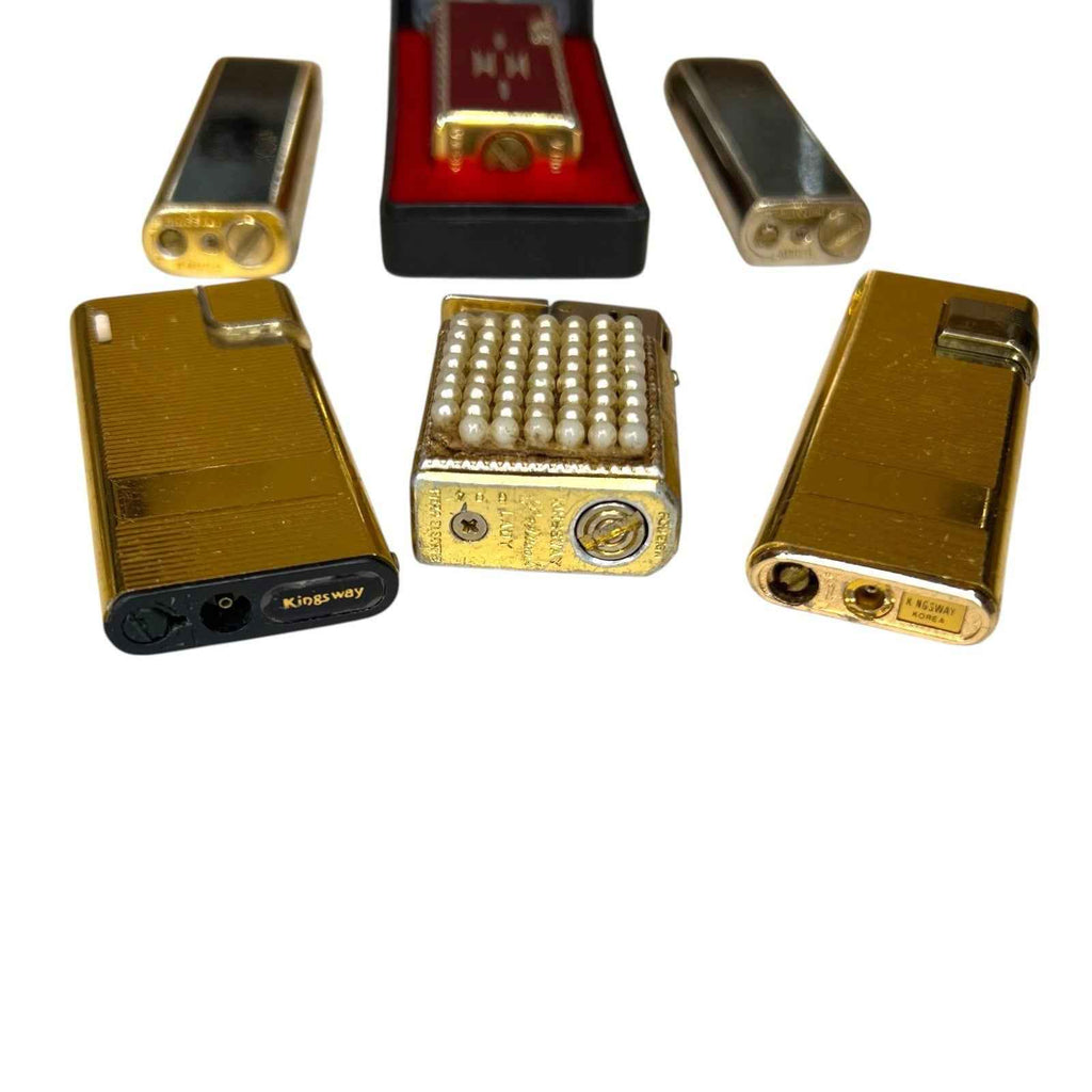 Bundle of 6 Vintage Kingsway Lighters – Gold Tone, Black, Red Ribbed – Flames