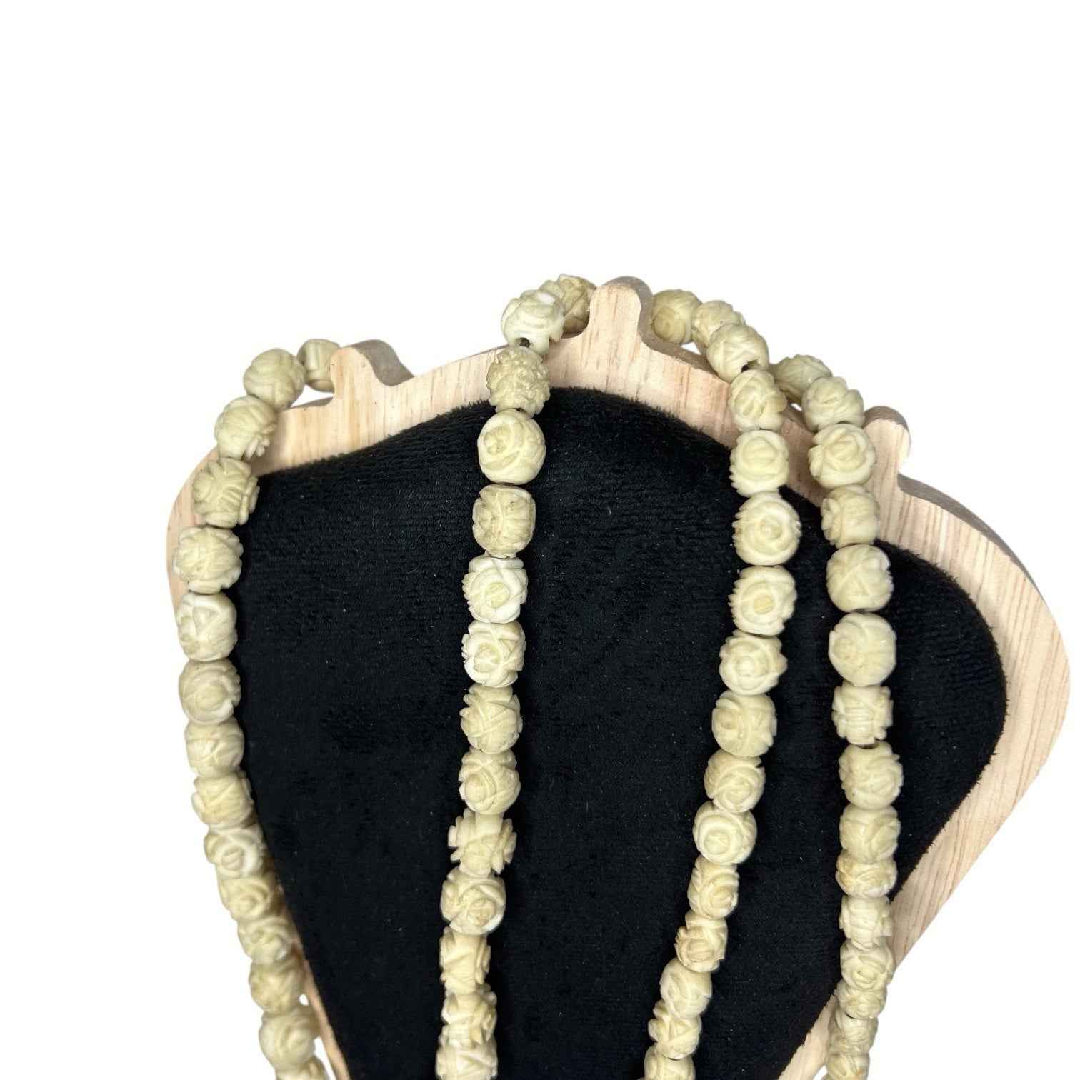 Vintage Floral Carved Bovine Bone Necklace Long Flower Bead Ethnic