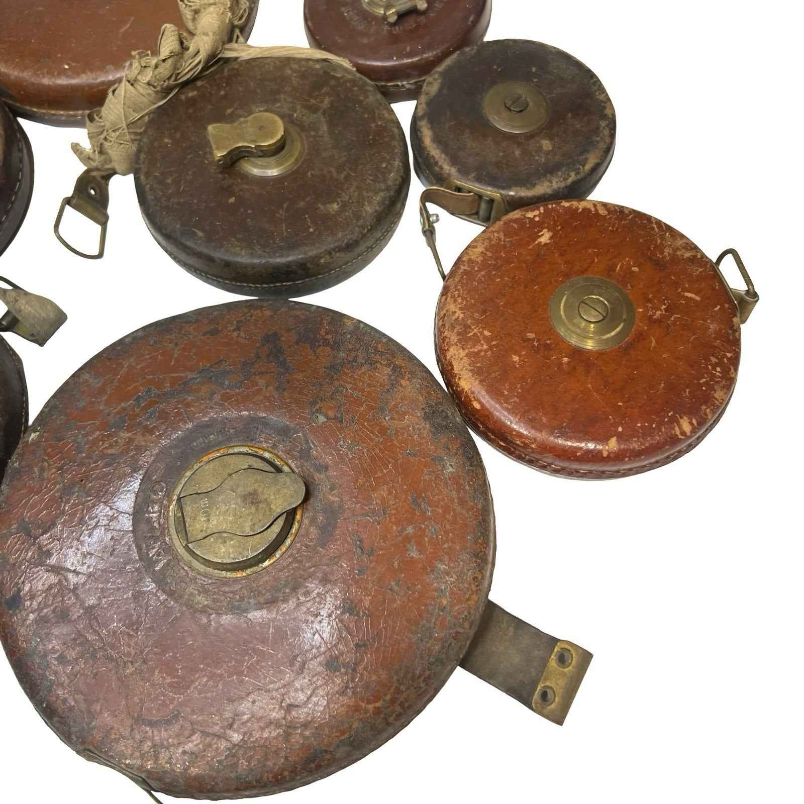 Vintage Leather Tape Measures Job Lot Treble Rabone Abbey Brass Old Tools