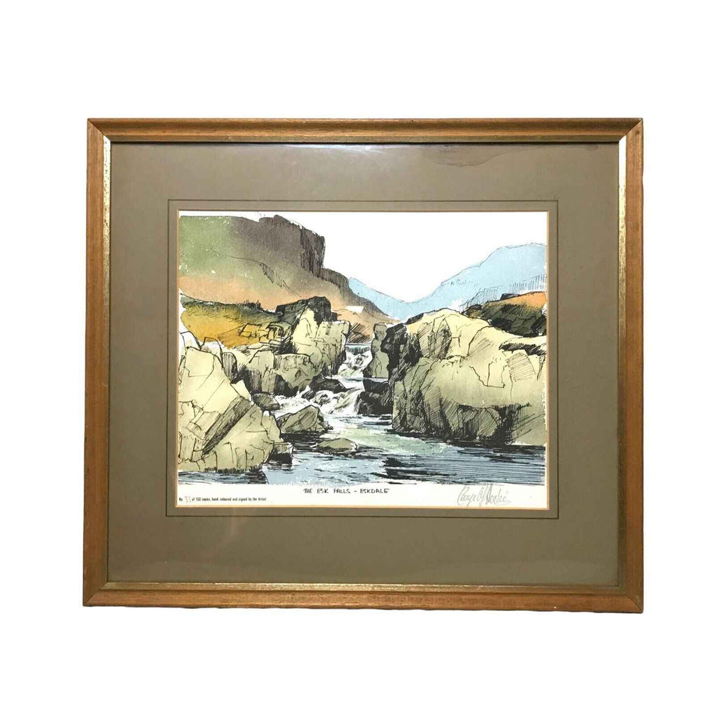 Pen Ink Line and Wash Painting of Esk Falls Eskdale Waterfall Mountains 47x42cm