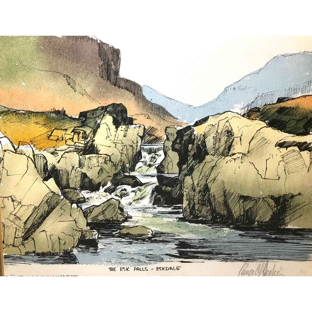 Pen Ink Line and Wash Painting of Esk Falls Eskdale Waterfall Mountains 47x42cm