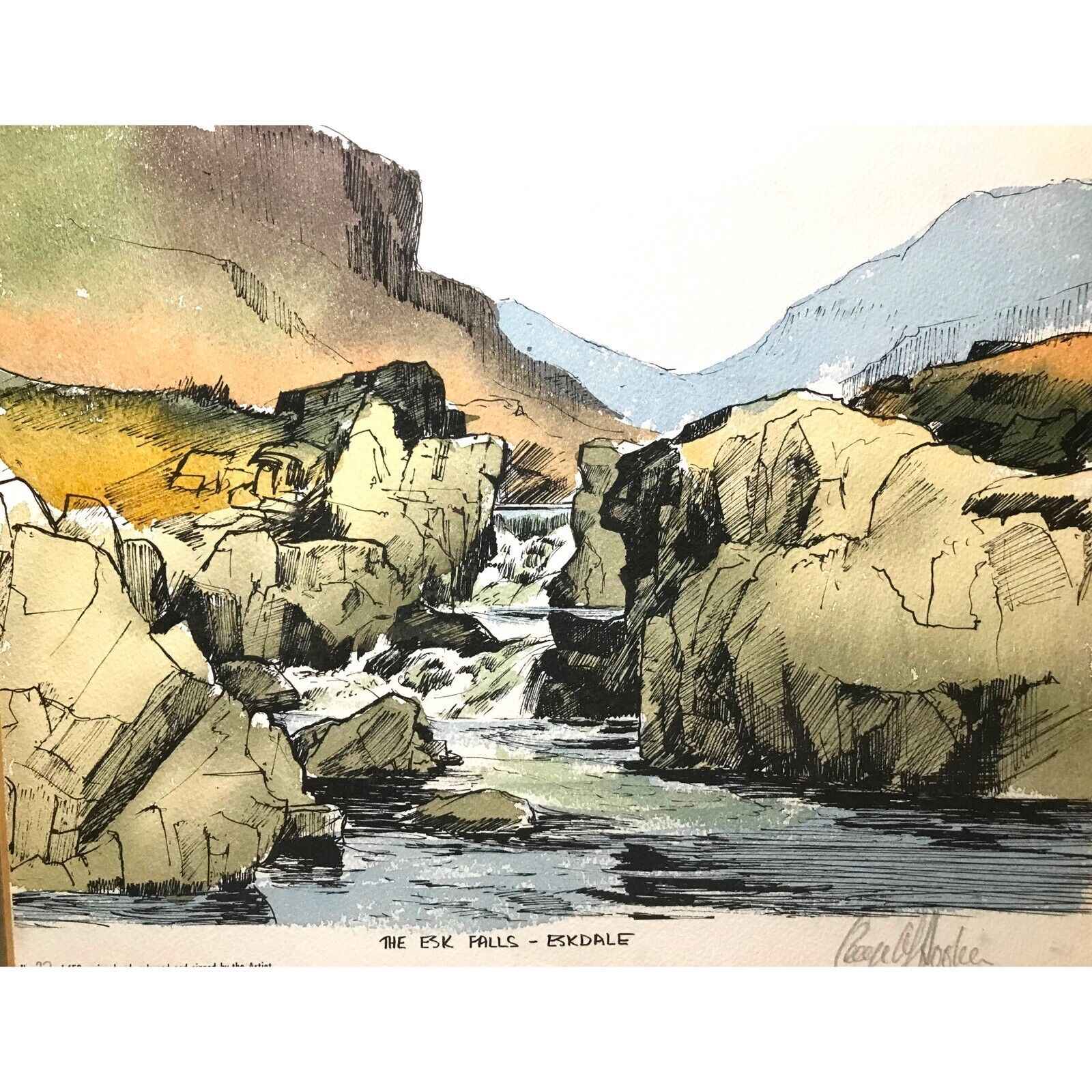 Pen Ink Line and Wash Painting of Esk Falls Eskdale Waterfall Mountains 47x42cm