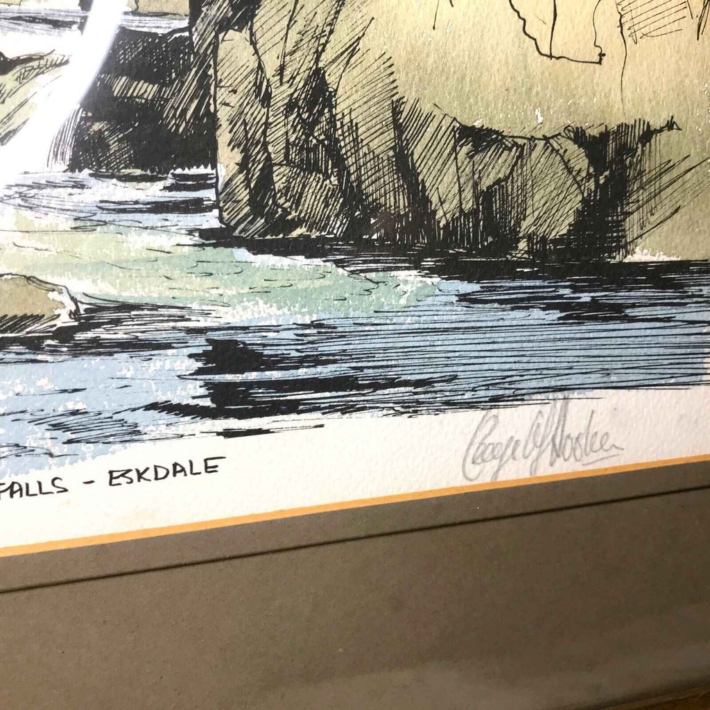 Pen Ink Line and Wash Painting of Esk Falls Eskdale Waterfall Mountains 47x42cm