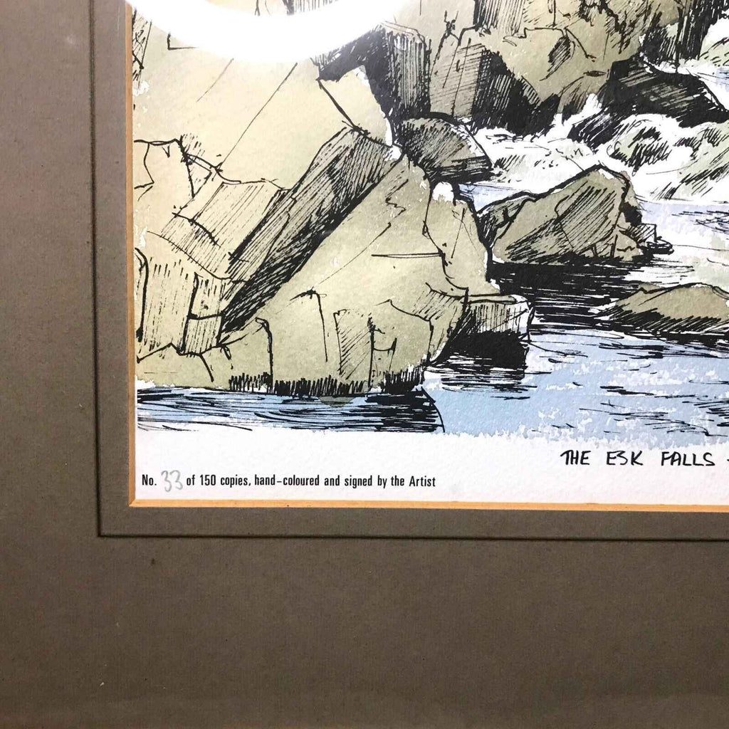 Pen Ink Line and Wash Painting of Esk Falls Eskdale Waterfall Mountains 47x42cm